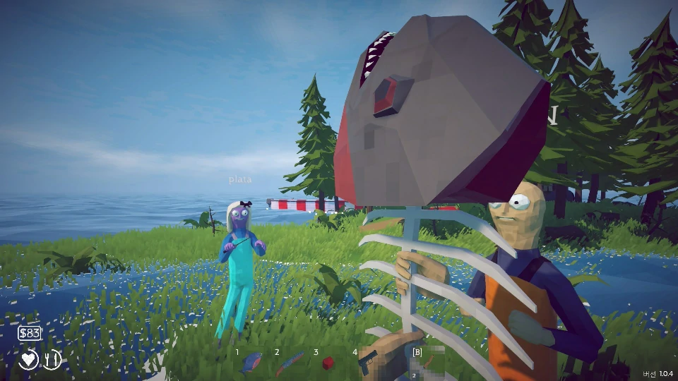 A player hauling the giant pufferfish boss by its ribs mid-fight