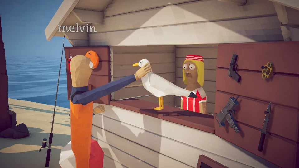 A player grabbing the seagull at the shop counter while the Shop NPC watches