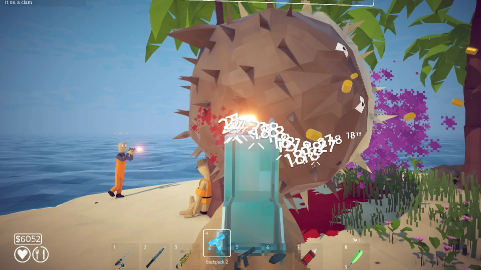 The pufferfish boss bleeding a stream of coins as the group shoots it